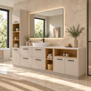 Darelvona Düz MDF Tek Servis Kuleli, Dört Çekmeceli, Çift Açık Havlu Nişli ve Kapalı Yan Modüllü Banyo Dolabı 240 cm