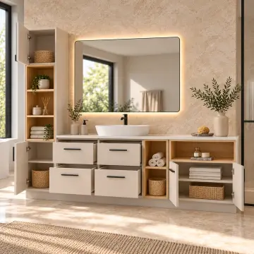 Darelvona Düz MDF Tek Servis Kuleli, Dört Çekmeceli, Çift Açık Havlu Nişli ve Kapalı Yan Modüllü Banyo Dolabı 240 cm