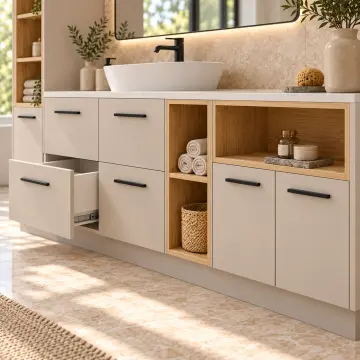 Darelvona Düz MDF Tek Servis Kuleli, Dört Çekmeceli, Çift Açık Havlu Nişli ve Kapalı Yan Modüllü Banyo Dolabı 240 cm