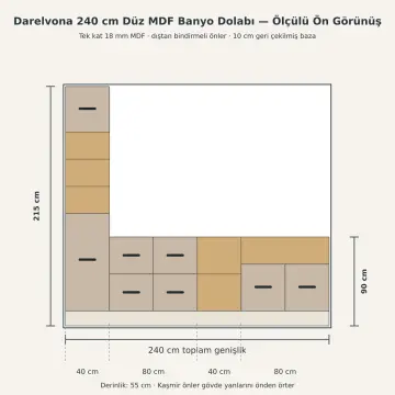 Darelvona Düz MDF Tek Servis Kuleli, Dört Çekmeceli, Çift Açık Havlu Nişli ve Kapalı Yan Modüllü Banyo Dolabı 240 cm