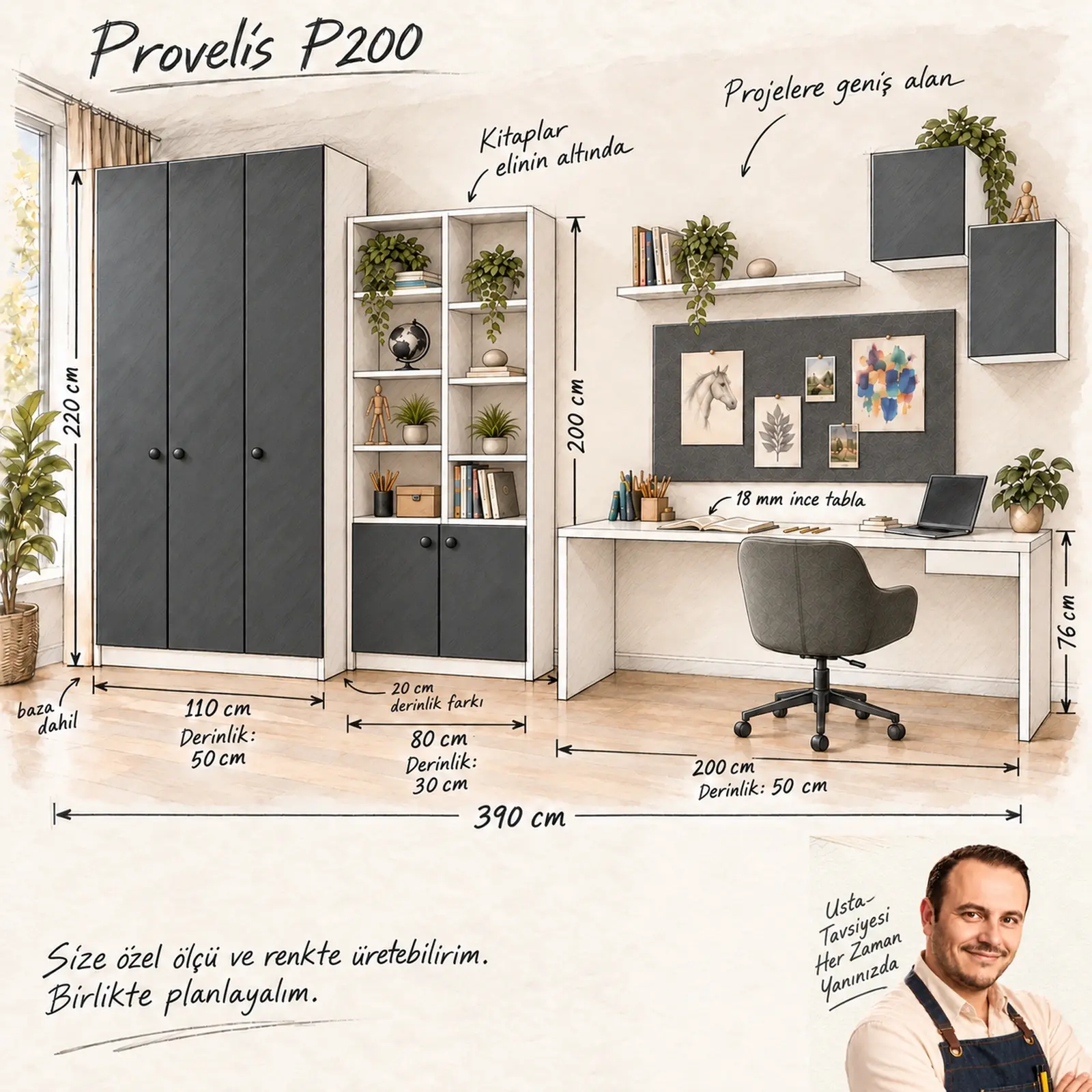 Provelis P200 proje panolu çalışma alanı ölçü eskizi ve Turgay Usta tavsiyesi
