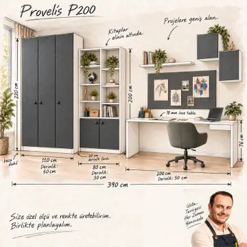 Provelis P200 Proje Panolu Kitaplıklı Gardıroplu Çalışma Masası