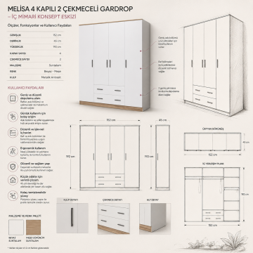Melisa 4 Kapılı 2 Çekmeceli Gardrop
