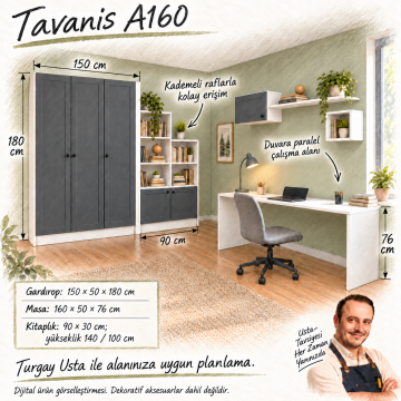 Tavanis A160 Membran Kapaklı Alçak Tavan İçin Gardıroplu Çalışma Masası
