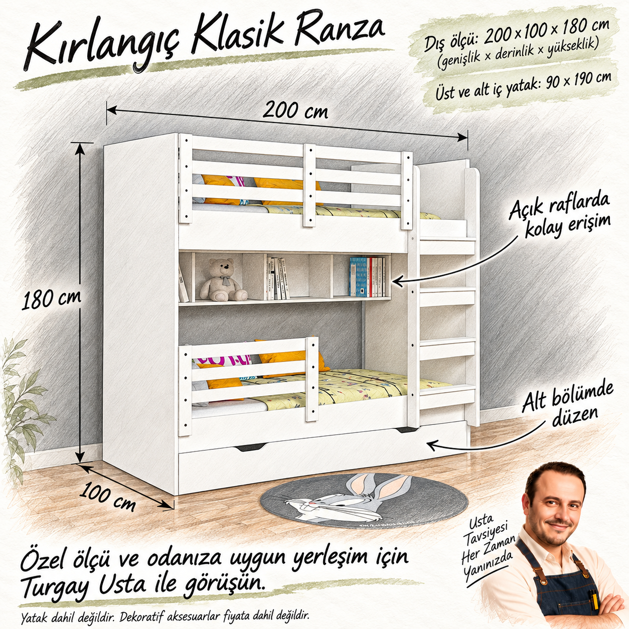 Kırlangıç Klasik Ranza Turgay Usta ölçü ve kullanım eskizi