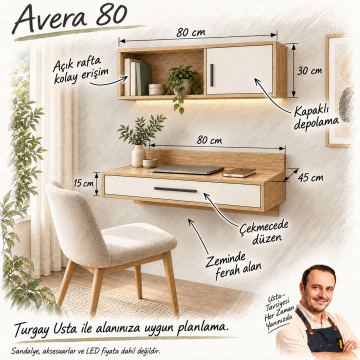 Avera 80 Duvara Monte Çekmeceli Çalışma Masası ve Üst Raf