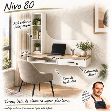 Nivo 80 Duvara Monte Çekmeceli Çalışma Masası ve Dikey Kitaplık