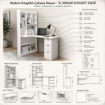 Modern Kitaplıklı Çalışma Masası