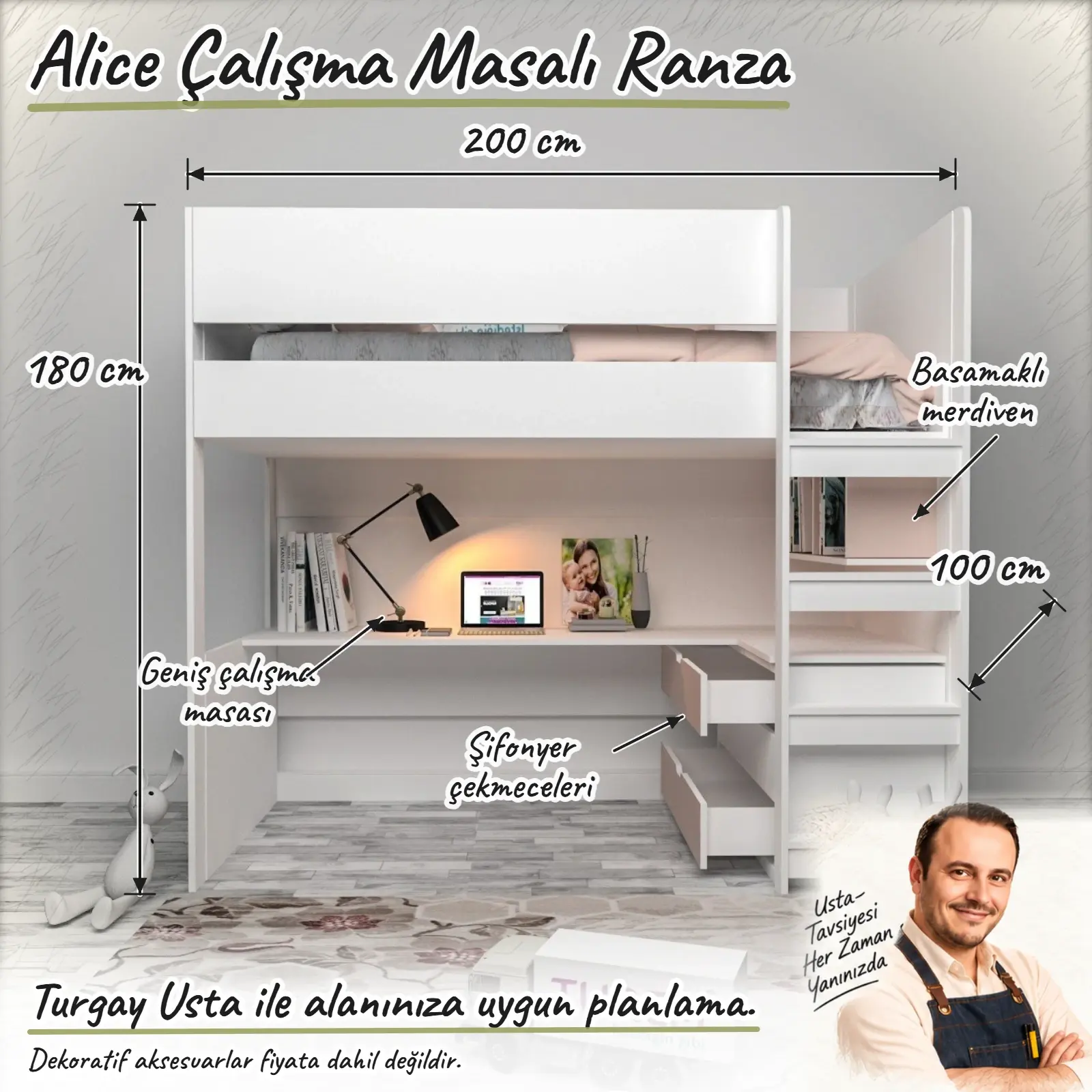Alice Çalışma Masalı ve Şifonyerli Ranza ölçülü Turgay Usta eskizi 200x100x180 cm