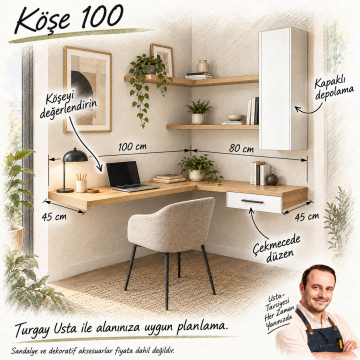 Köşe 100 L Tipi Duvara Monte Köşe Çalışma Masası