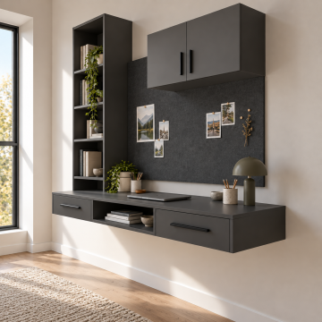 Panel 120 Panolu ve Kitaplıklı Duvara Monte Çalışma Masası