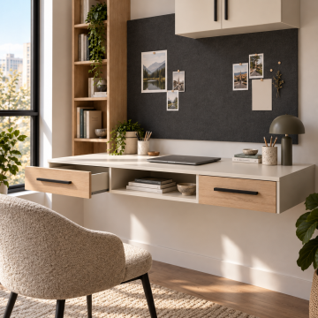 Panel 120 Panolu ve Kitaplıklı Duvara Monte Çalışma Masası