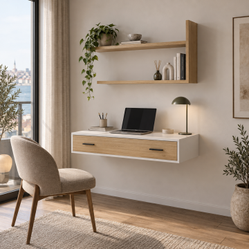 Velora 80 Çekmeceli ve Asimetrik Raflı Duvara Monte Çalışma Masası