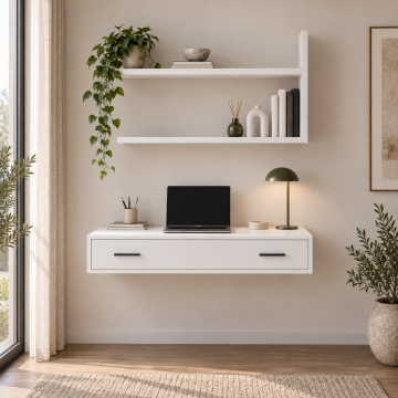 Velora 80 Çekmeceli ve Asimetrik Raflı Duvara Monte Çalışma Masası