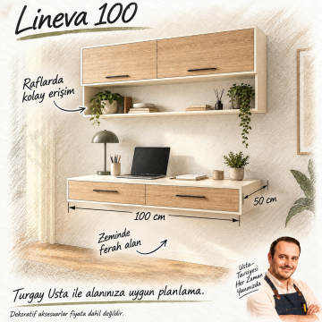 Lineva 100 İki Çekmeceli ve Üst Dolaplı Duvara Monte Çalışma Masası