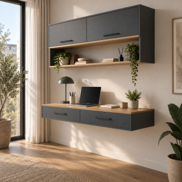 Lineva 100 İki Çekmeceli ve Üst Dolaplı Duvara Monte Çalışma Masası
