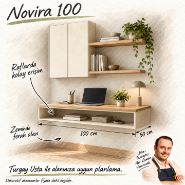 Novira 100 Kapaklı ve Açık Raflı Duvara Monte Çalışma Masası