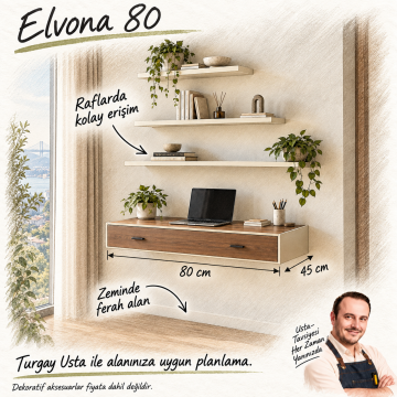 Elvona 80 Üç Raflı Çekmeceli Duvara Monte Çalışma Masası