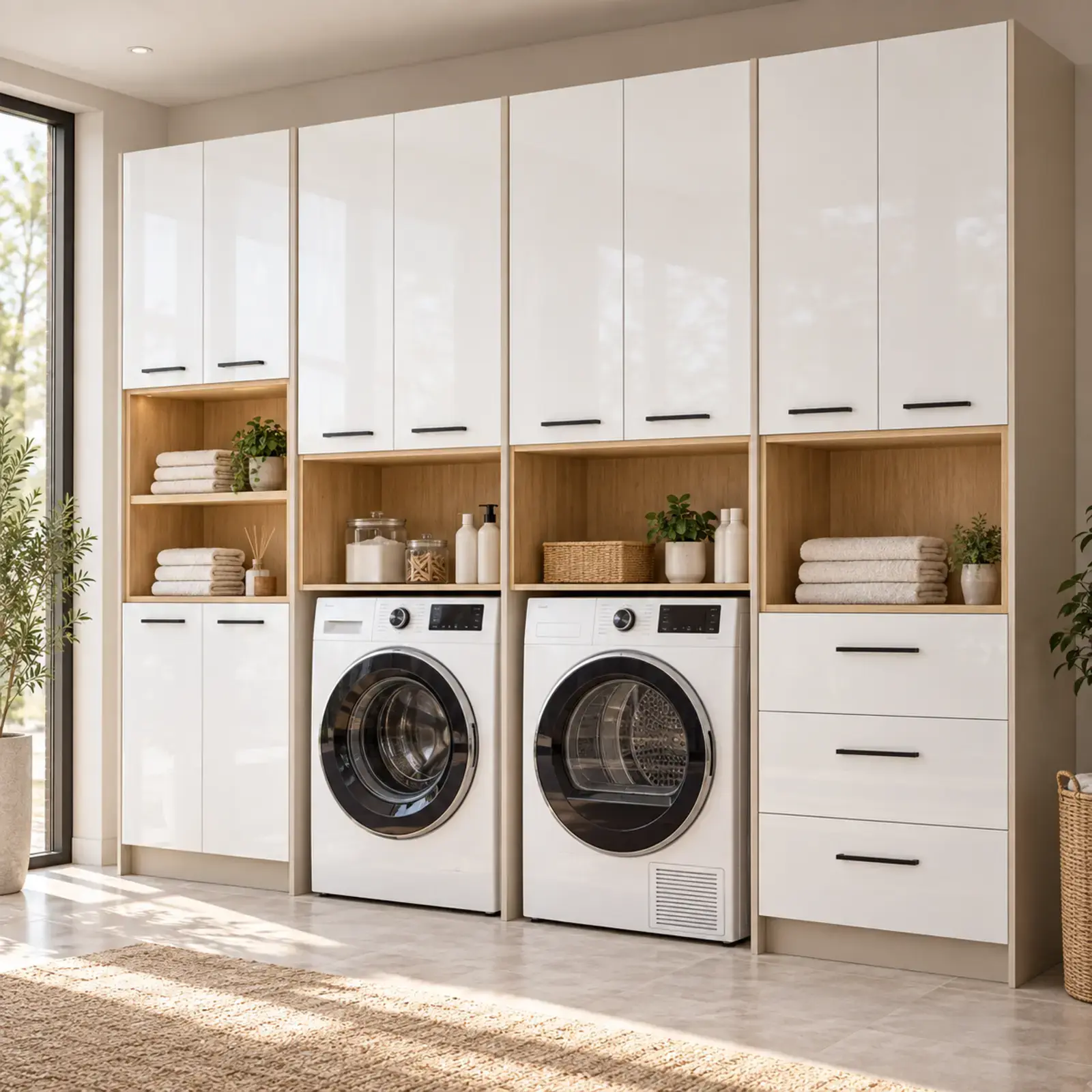 Firelvessa High Gloss Yan Yana İki Makineli, Üç Çekmeceli Katlama Nişli ve Açık Havlu Kuleli Servis Dolabı 270 cm