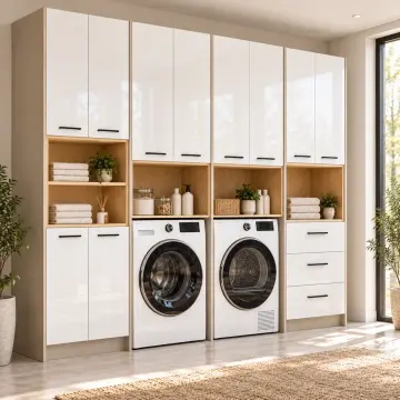 Firelvessa High Gloss Yan Yana İki Makineli, Üç Çekmeceli Katlama Nişli ve Açık Havlu Kuleli Servis Dolabı 270 cm