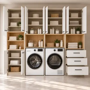 Firelvessa High Gloss Yan Yana İki Makineli, Üç Çekmeceli Katlama Nişli ve Açık Havlu Kuleli Servis Dolabı 270 cm