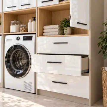 Firelvessa High Gloss Yan Yana İki Makineli, Üç Çekmeceli Katlama Nişli ve Açık Havlu Kuleli Servis Dolabı 270 cm