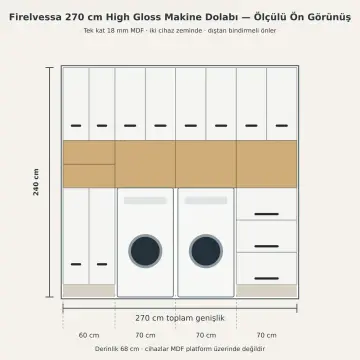Firelvessa High Gloss Yan Yana İki Makineli, Üç Çekmeceli Katlama Nişli ve Açık Havlu Kuleli Servis Dolabı 270 cm