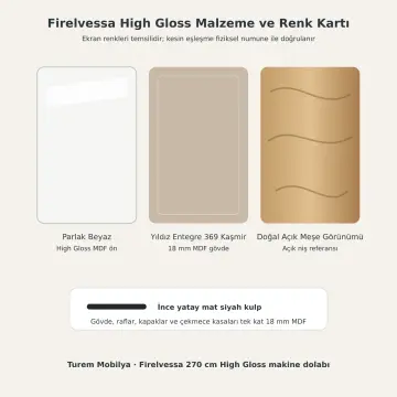 Firelvessa High Gloss Yan Yana İki Makineli, Üç Çekmeceli Katlama Nişli ve Açık Havlu Kuleli Servis Dolabı 270 cm