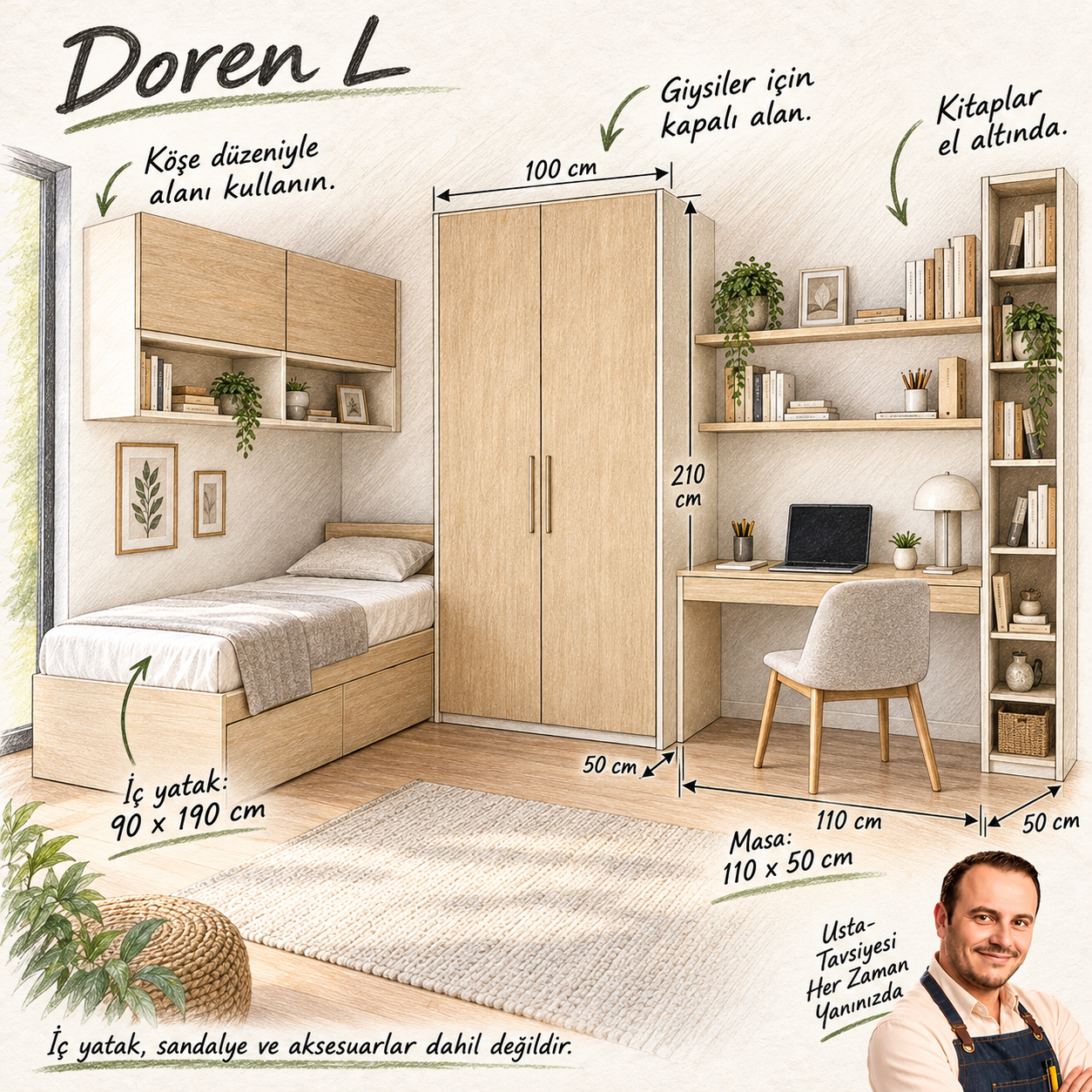 Doren L Köşe Yerleşimli Çekmeceli Genç Odası Turgay Usta ölçülü eskizi