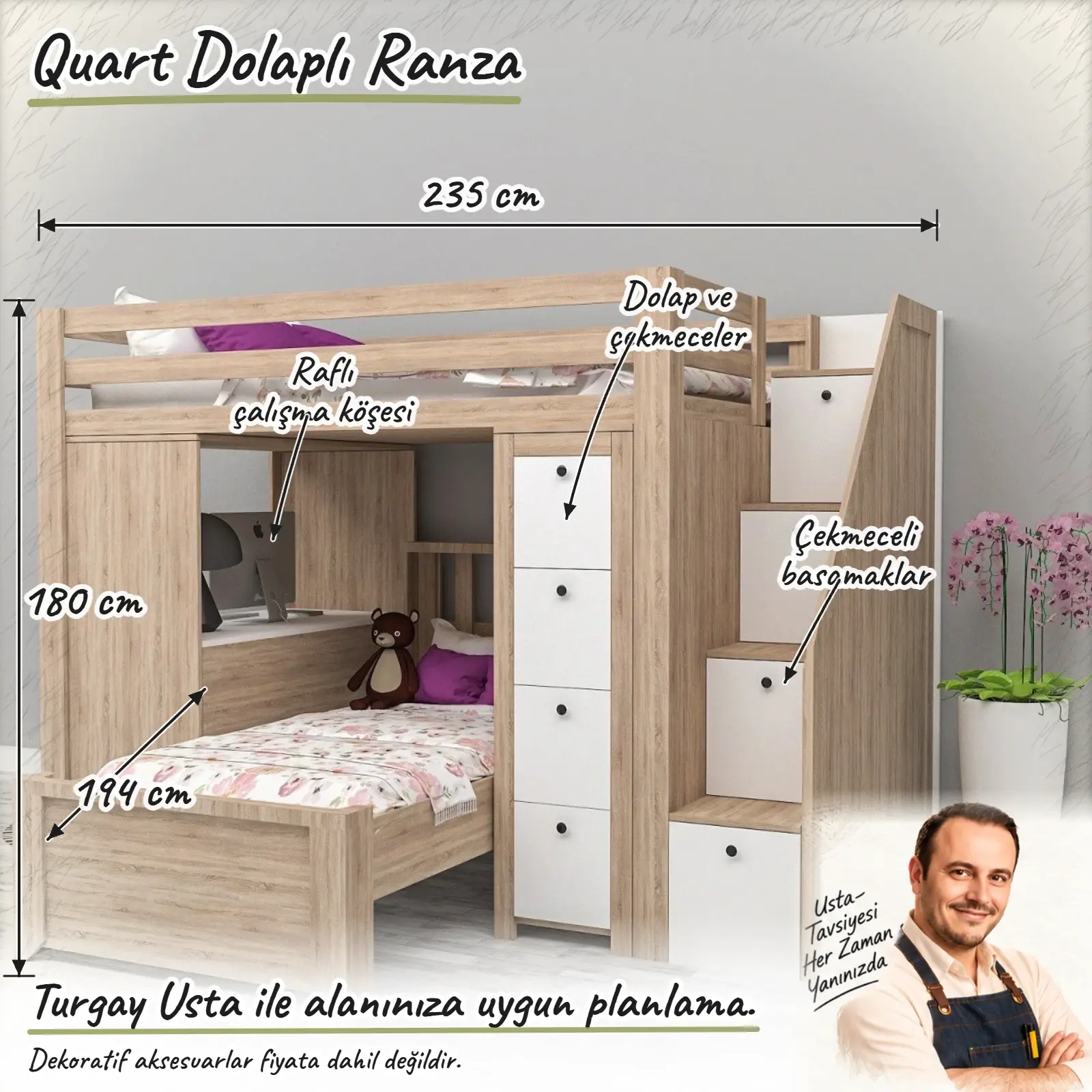 Quart Dolaplı Ranza ölçülü Turgay Usta eskizi 235x194x180 cm