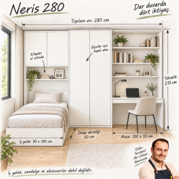 Neris 280 Beyaz Kitaplıklı Çalışma Masalı Genç Odası