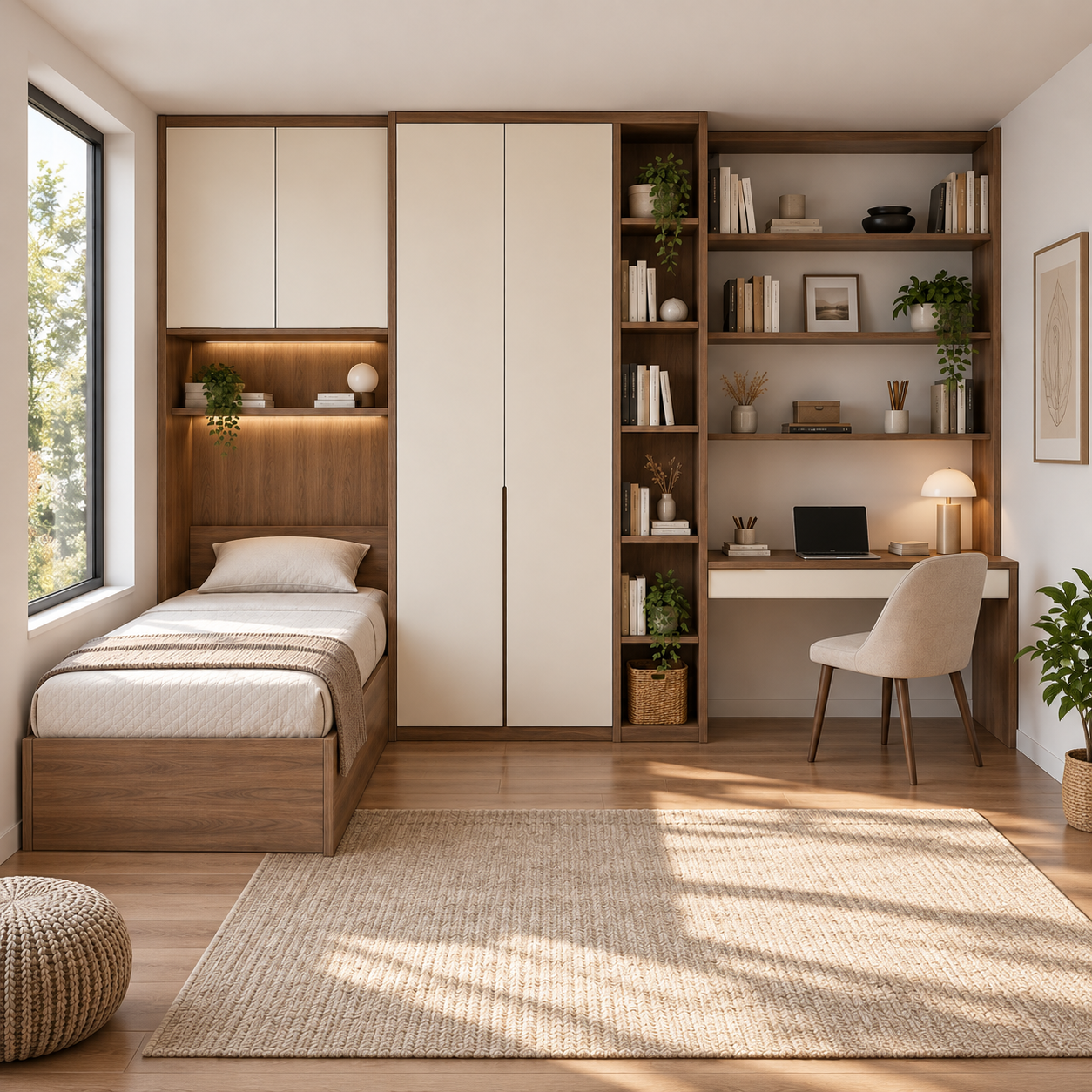 Lorien 350 Ceviz Krem Kitaplıklı Gardıroplu Genç Odası