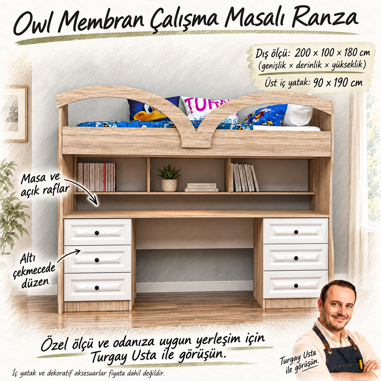 Owl Membran Çalışma Masalı Ranza 200 × 100 × 180 cm, masa ve altı çekmece: Turgay Usta ölçü ve kullanım eskizi