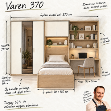 Varen 370 Reflekte Camlı Gardıroplu Çalışma Masalı Genç Odası