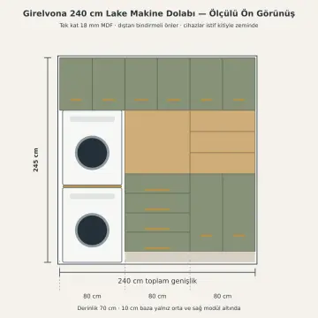 Girelvona Lake Üst Üste İki Makineli, Dört Çekmeceli Katlama Nişli ve Üç Açık Havlu Gözlü Servis Dolabı 240 cm