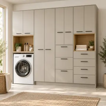 Hirelvanya Düz MDF Tek Makineli, Üç Sepet Kasalı, Dört Çekmeceli Katlama ve Temizlik Dolabı 230 cm