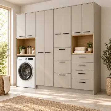 Hirelvanya Düz MDF Tek Makineli, Üç Sepet Kasalı, Dört Çekmeceli Katlama ve Temizlik Dolabı 230 cm