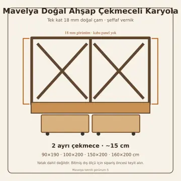 Mavelya Doğal Ahşap Çekmeceli Karyola