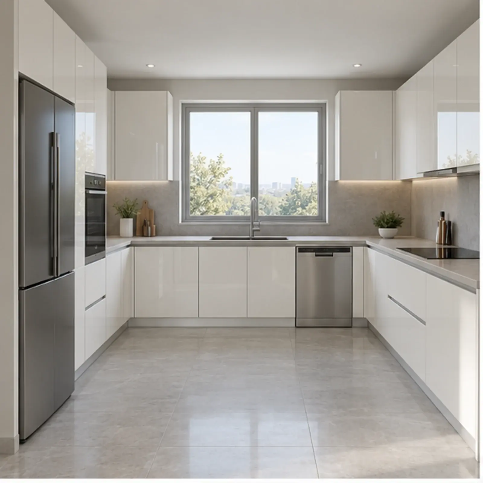 Evriona İnci Beyaz High Gloss Asimetrik U Mutfak Dolabı