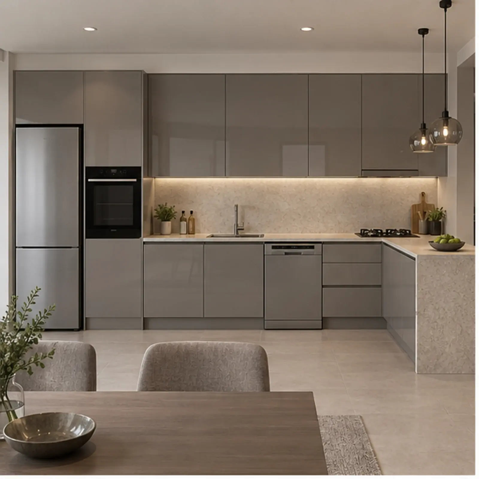 Iverlya Duman Gri High Gloss Servis Dönüşlü Düz Mutfak Dolabı