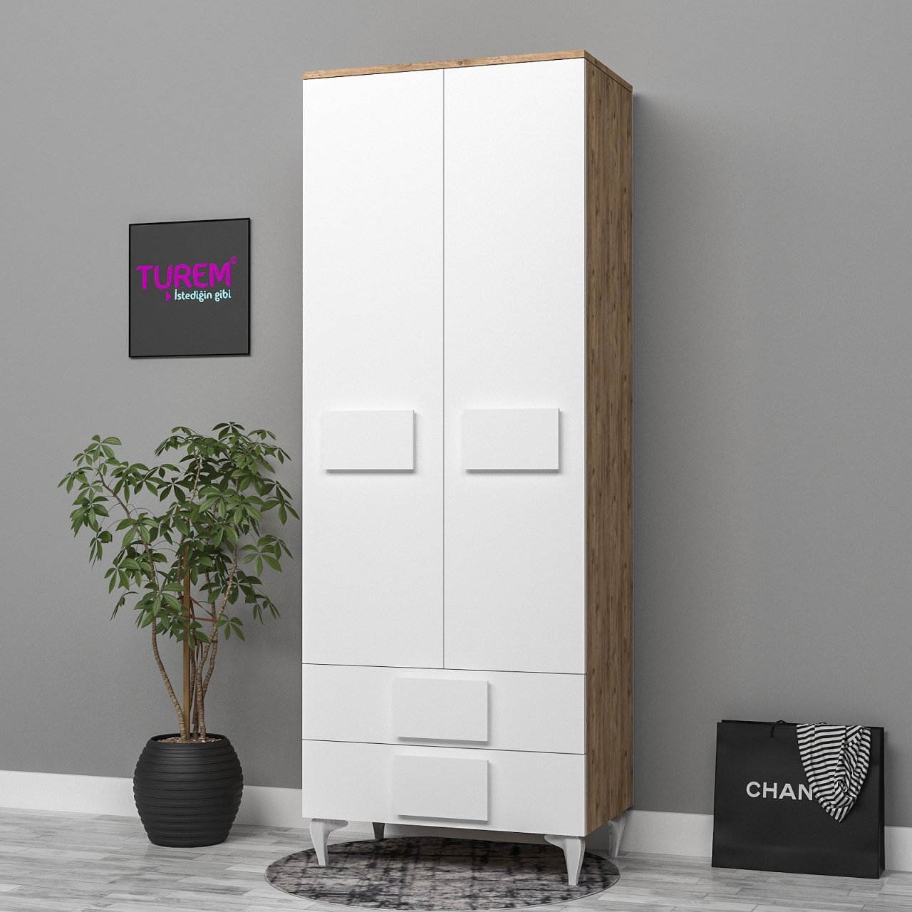 2 Kapılı Kare Kulplu Gardırop