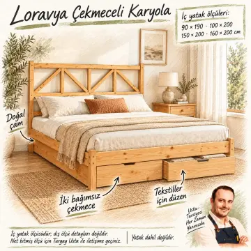 Loravya Doğal Ahşap Çekmeceli Karyola