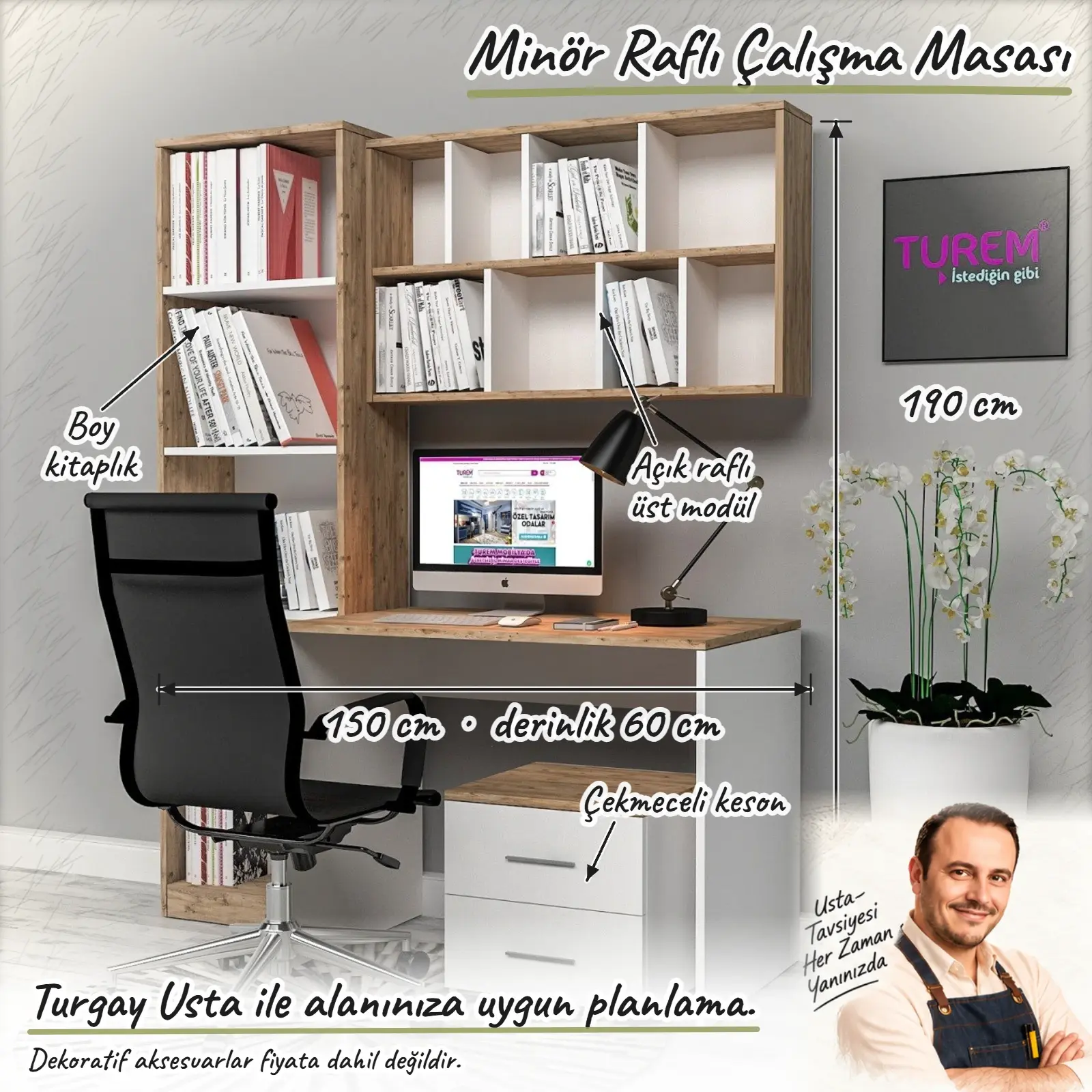 Minör Raflı Çalışma Masası ölçülü Turgay Usta eskizi 150 x 60 x 190 cm