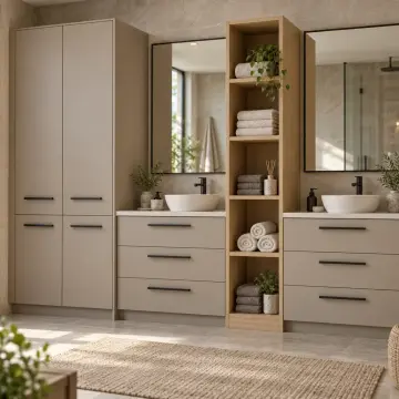 Jirelvassa Membran Servis Kuleli, Altı Çekmeceli ve Beş Havlu Gözlü Banyo Dolabı 270 cm