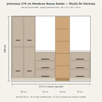Jirelvassa Membran Servis Kuleli, Altı Çekmeceli ve Beş Havlu Gözlü Banyo Dolabı 270 cm