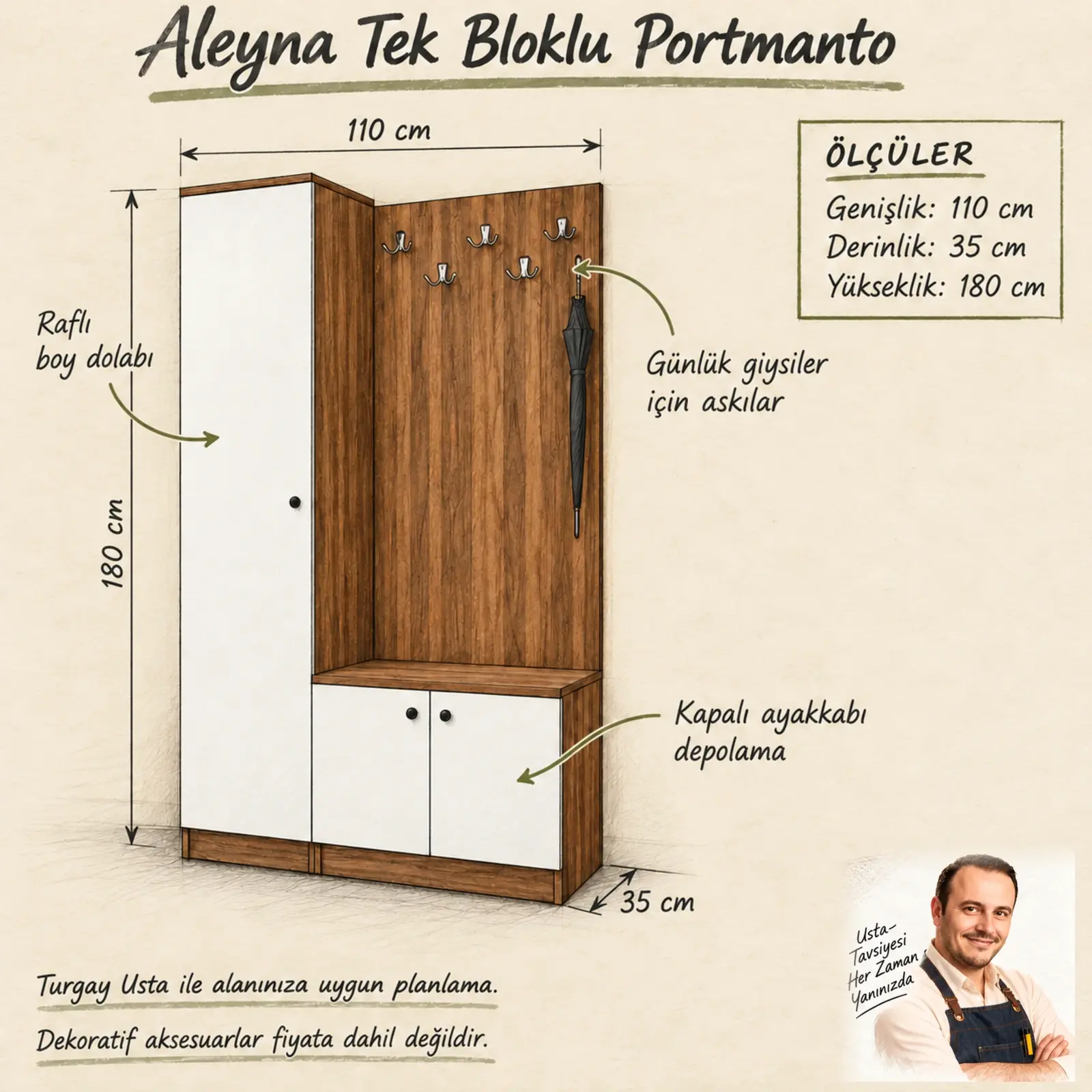 Aleyna Tek Bloklu Portmanto ölçülü Turgay Usta eskizi