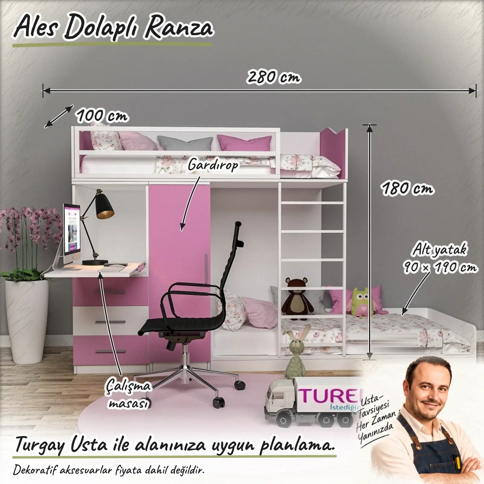 Ales Dolaplı Ranza ölçülü Turgay Usta eskizi 280x100x180 cm