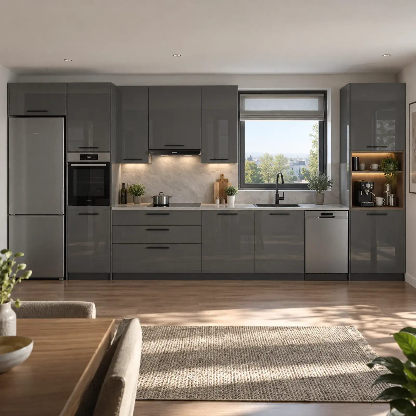 Ruzelya Duman Gri High Gloss Kahve Nişli Düz Mutfak Dolabı