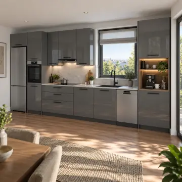 Ruzelya Duman Gri High Gloss Kahve Nişli Düz Mutfak Dolabı