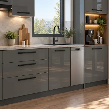Ruzelya Duman Gri High Gloss Kahve Nişli Düz Mutfak Dolabı